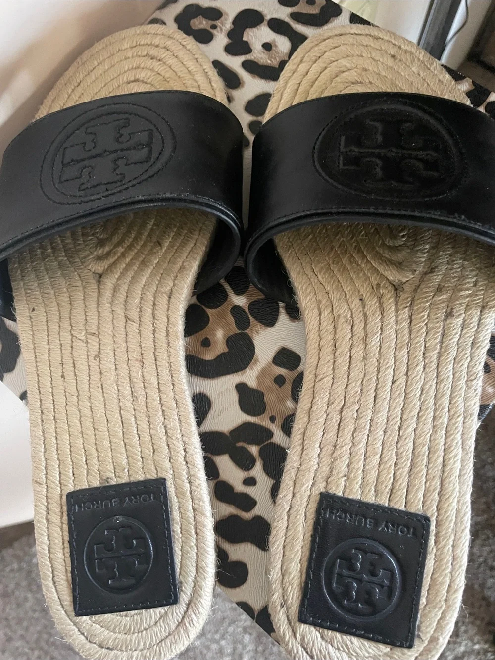 Tory Burch Black Leather Slide Sandals with Espadrille Rope Footbed